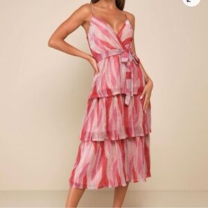 NWT Lulu's Vibrant Spirit Pink Abstract Plisse Surplice Tiered Midi Dress